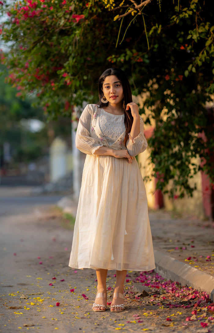 Off white soft Kota checks kurti with hacoba and thread embroidered yoke MBS-533  **Ready to dispatch**