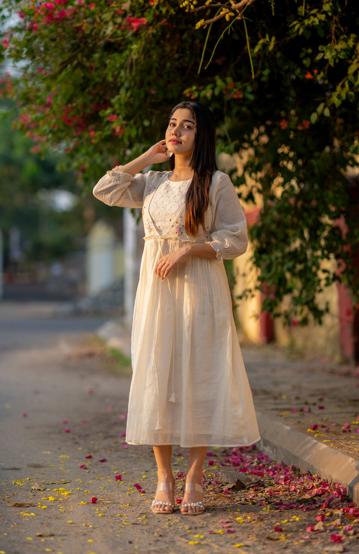 Off white soft Kota checks kurti with hacoba and thread embroidered yoke MBS-533  **Ready to dispatch**