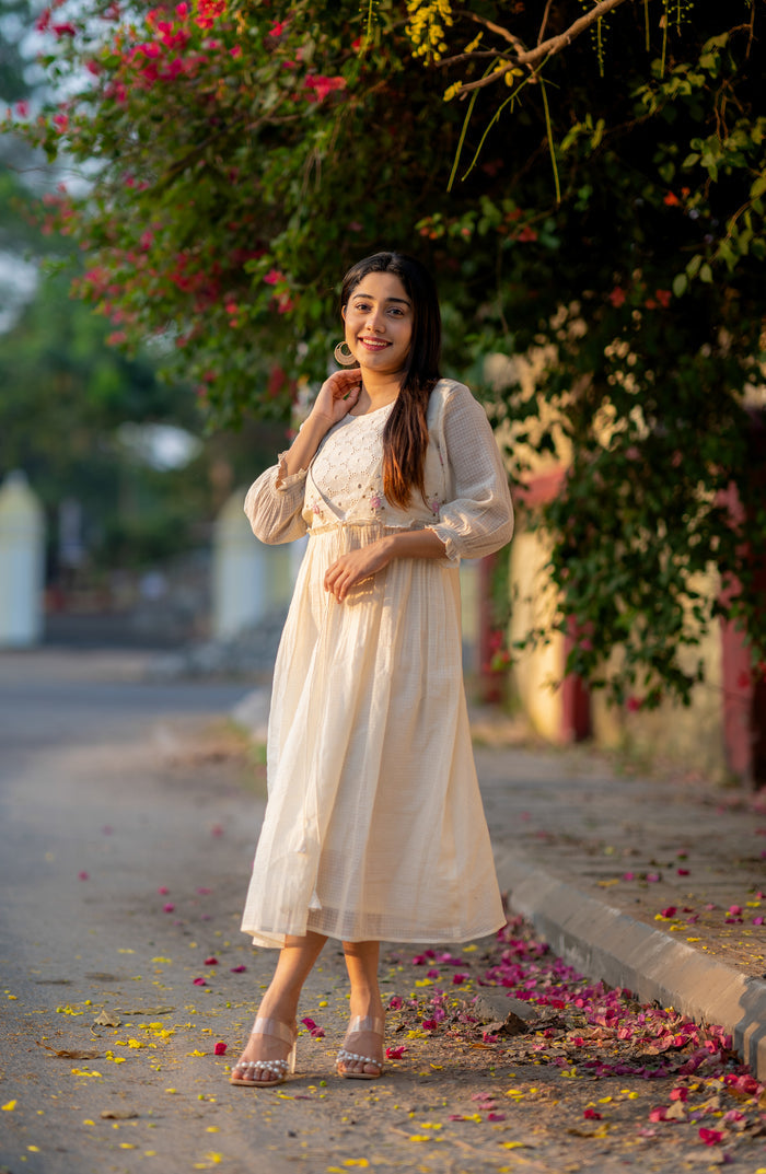 Off white soft Kota checks kurti with hacoba and thread embroidered yoke MBS-533  **Ready to dispatch**
