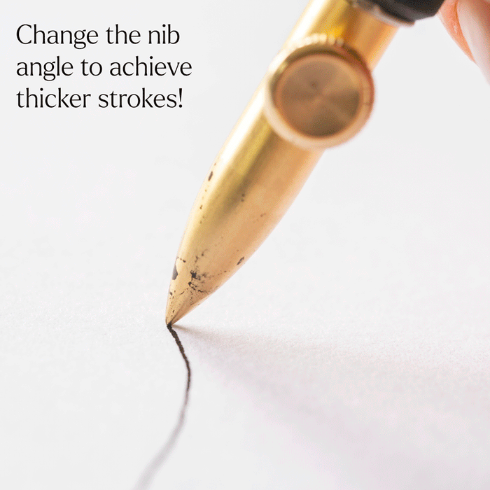 GIF of the One-Dip-Nib in Brass, shown fitted in the Original Flourish Straight Calligraphy Pen demonstrating the variable stroke width