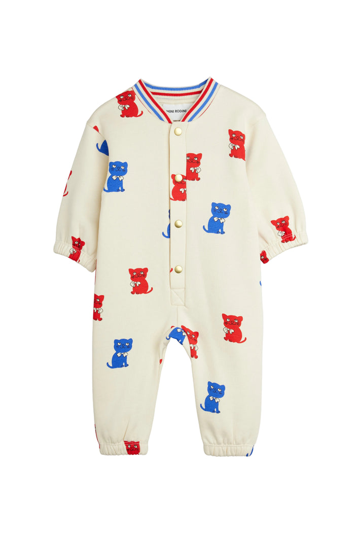 An off-white long-sleeve baby romper with an all-over print of red and blue cats, featuring a snap-button front and a striped collar.