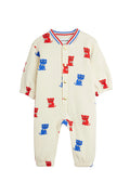 An off-white long-sleeve baby romper with an all-over print of red and blue cats, featuring a snap-button front and a striped collar.