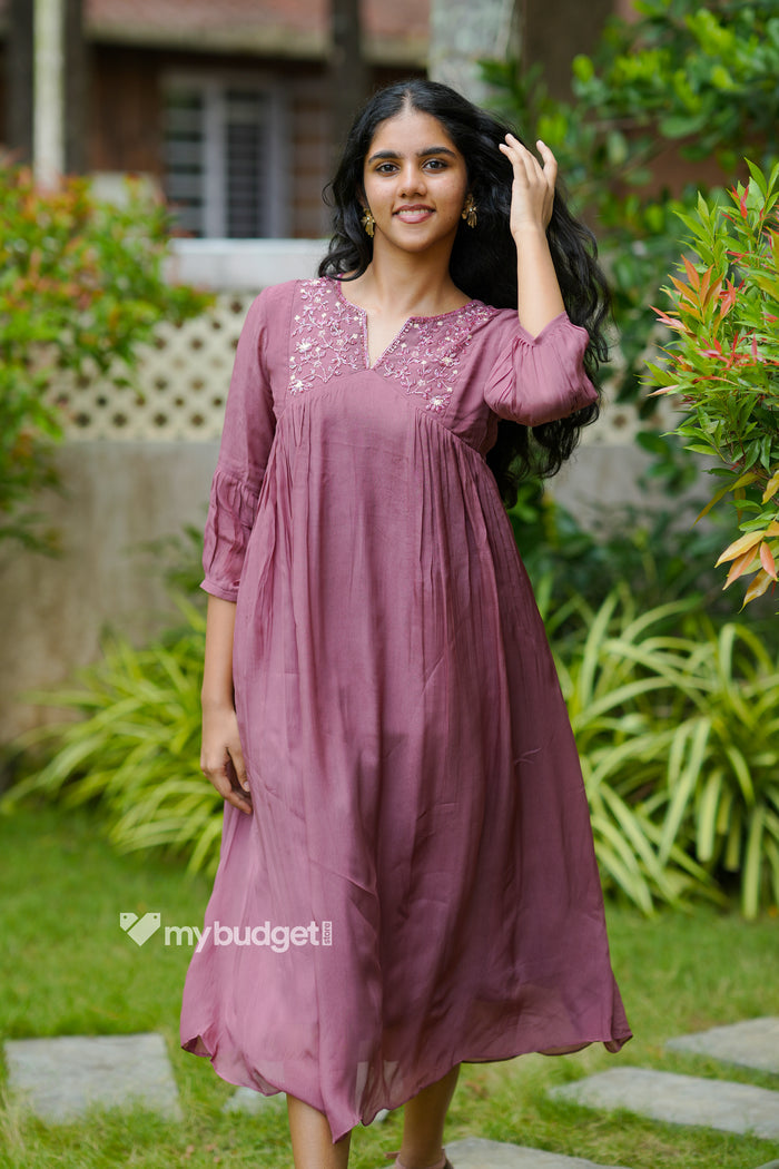 Onion pink shaded organza georgette Aline kurti with handworked yoke MBS-1324