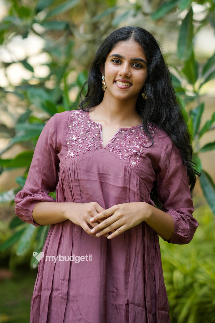 Onion pink shaded organza georgette Aline kurti with handworked yoke MBS-1324