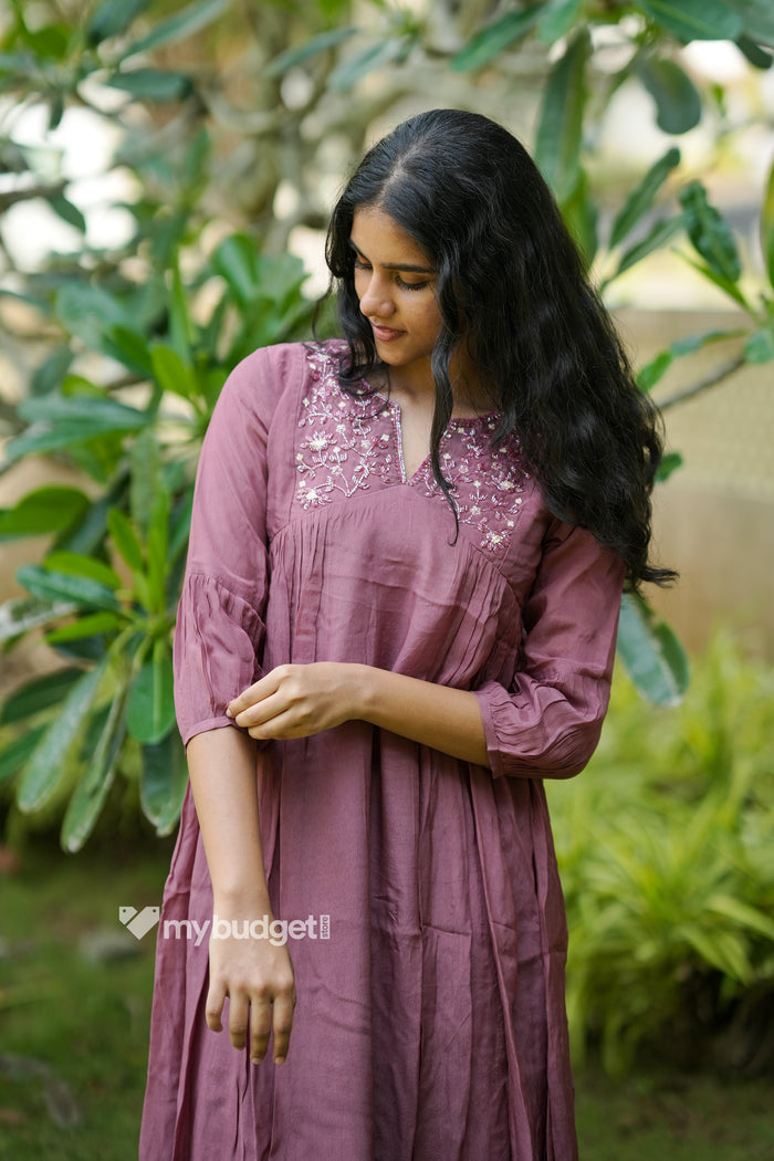Onion pink shaded organza georgette Aline kurti with handworked yoke MBS-1324