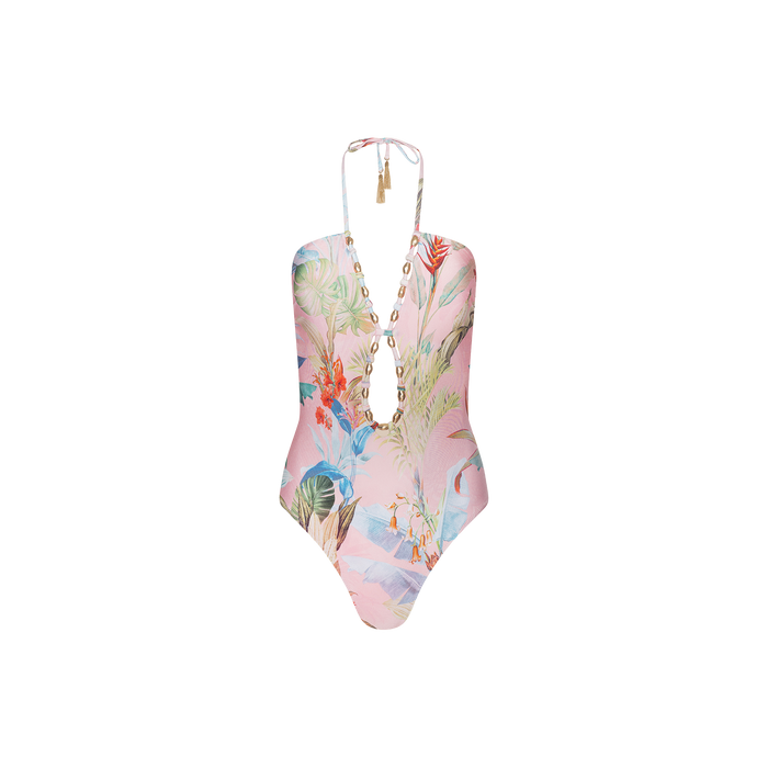 The Opus Halter One-Piece Swimsuit is a pink one-piece featuring a vibrant tropical floral pattern, a deep V-neckline accented with shell trim, and a halter neck tie. Crafted with UPF 50 fabric for added sun protection, this modern swimsuit is displayed against a plain white background.