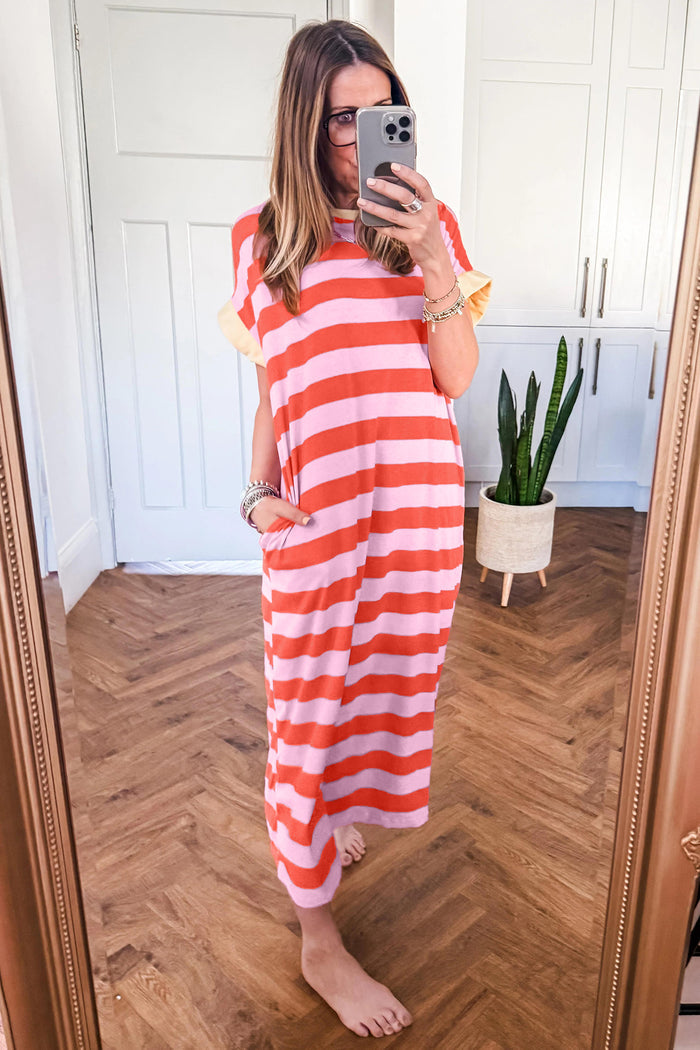 Orange Stripe Cuffed Short Sleeve Pocketed Casual T Shirt Long Dress Shewin