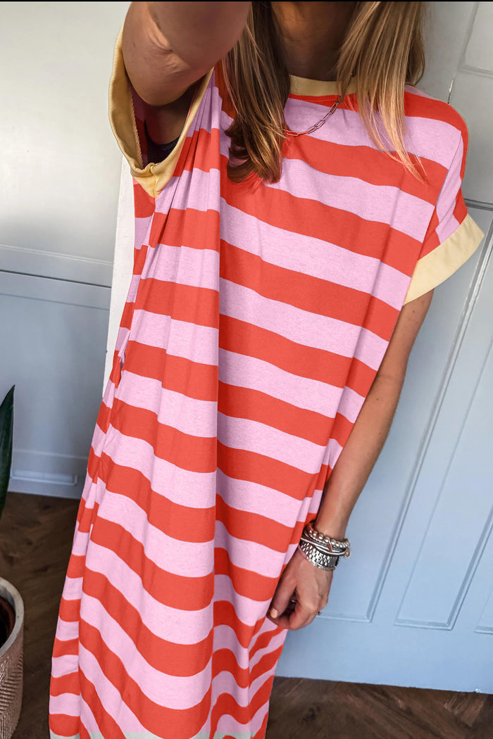 Orange Stripe Cuffed Short Sleeve Pocketed Casual T Shirt Long Dress Shewin