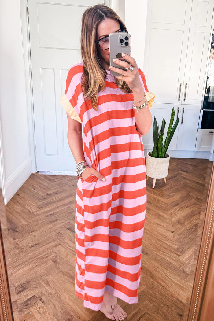 Orange Stripe Cuffed Short Sleeve Pocketed Casual T Shirt Long Dress Shewin