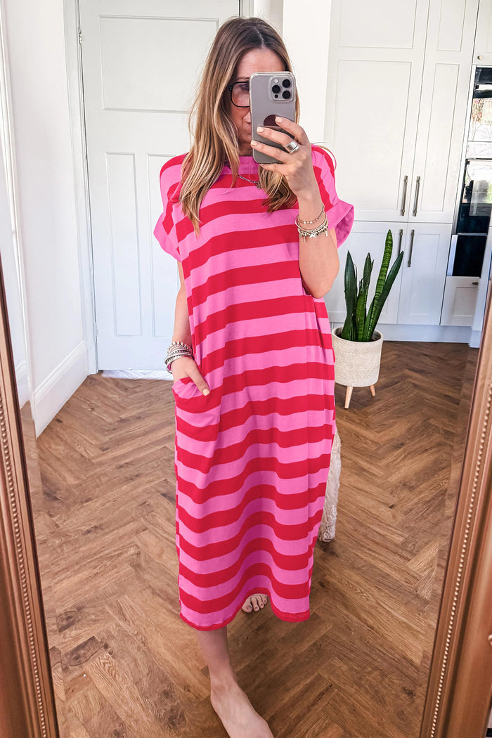 Orange Stripe Cuffed Short Sleeve Pocketed Casual T Shirt Long Dress Shewin