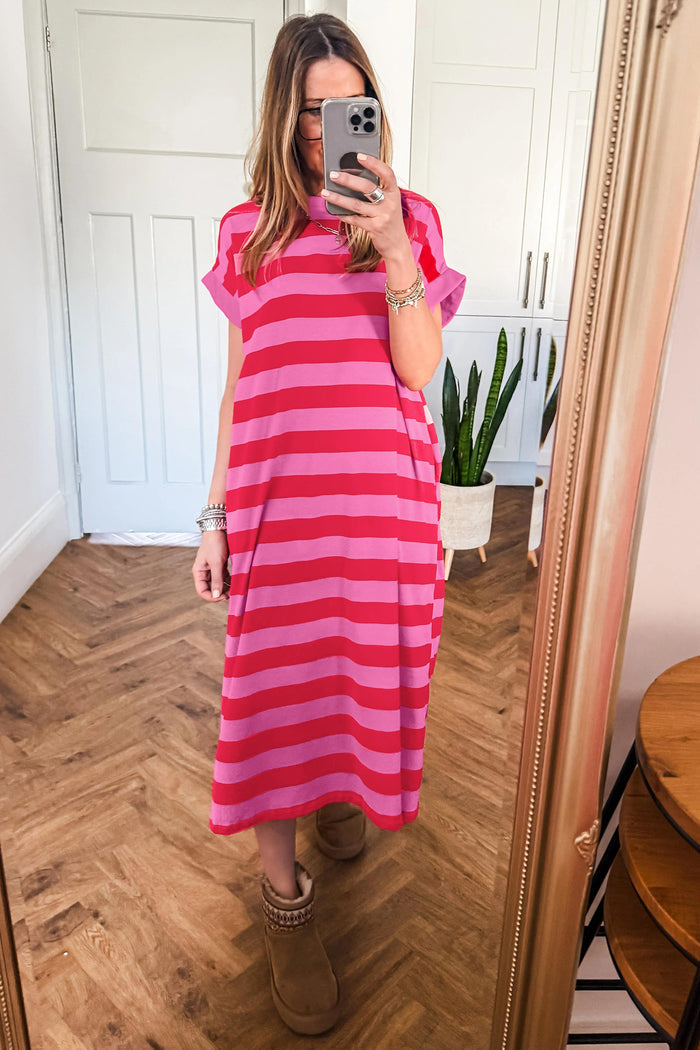 Orange Stripe Cuffed Short Sleeve Pocketed Casual T Shirt Long Dress Shewin