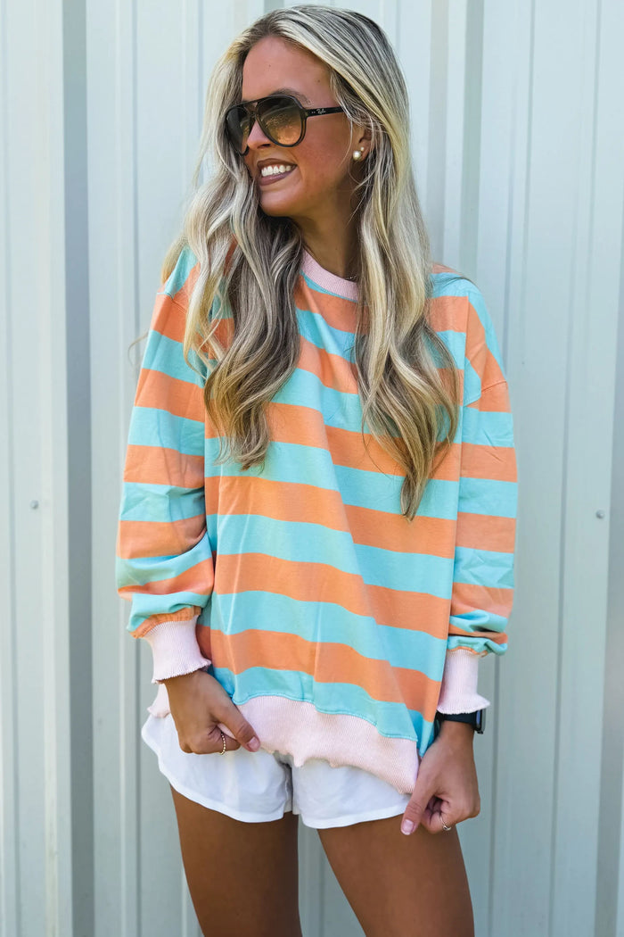 Orange Stripe Pullover Long Sleeve Top Shewin