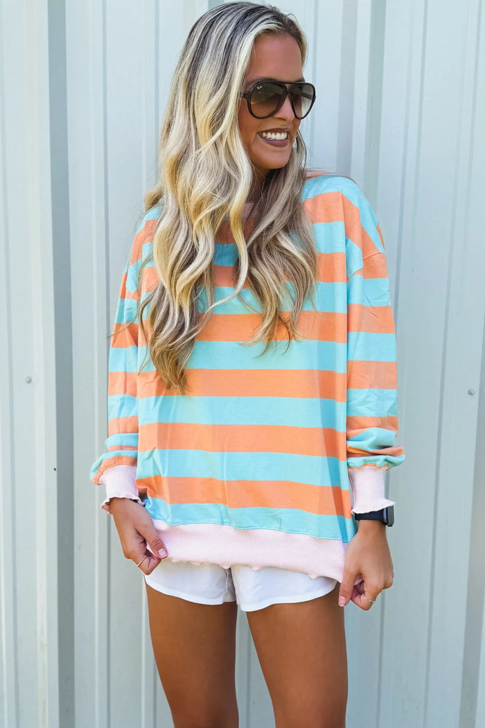Orange Stripe Pullover Long Sleeve Top Shewin