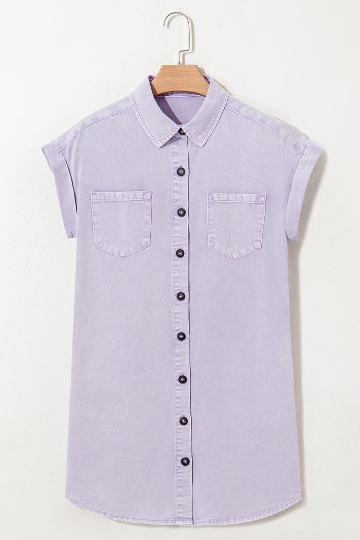 Orchid Petal Double Chest Pocket Denim Shirt Dress Shewin