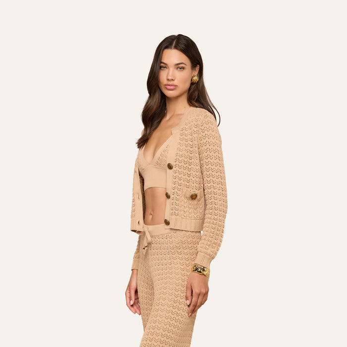 Wearing the Orla Pointelle Knit Cardigan, a woman stands against a plain light background, looking at the camera with a neutral expression.