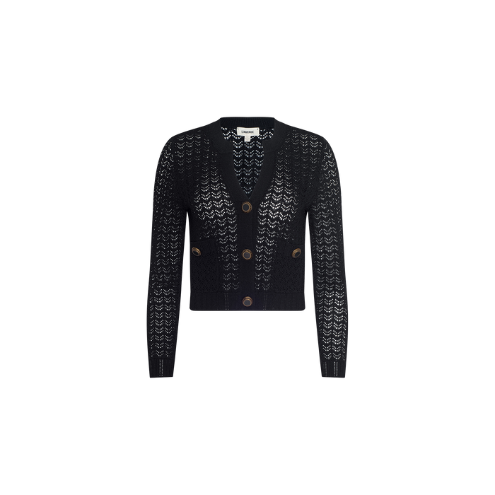 The Orla Pointelle Knit Cardigan is a black, long-sleeve, button-up cardigan featuring a chevron pointelle knit pattern, V-neckline, and three large brown buttons down the front. Displayed on a plain white background, this lightweight cardigan makes an ideal beach cover-up.