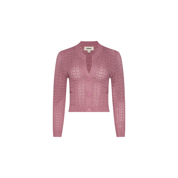The Orla Pointelle Knit Cardigan is a long-sleeve, mauve cardigan featuring a V-neckline and front button closure, shown against a plain white background.