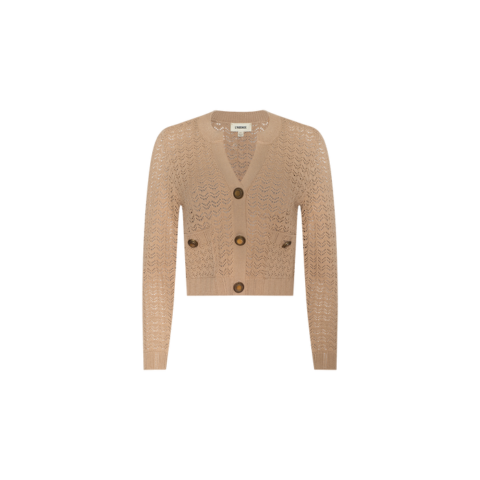 The Orla Pointelle Knit Cardigan is a beige, long-sleeve cardigan featuring a V-neck, three large brown buttons, and a cropped fit. This chic resort wear piece is crafted with a pointelle knit design and showcased against a plain white background.