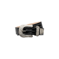 The Otera Leather Belt, crafted from black croc-embossed leather, features an ornate floral-engraved silver buckle with intricate patterns, as well as a coordinating metal belt loop and tip. It is displayed on a white background.