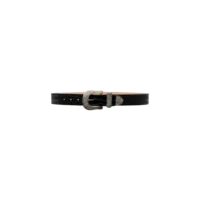The Otera Leather Belt, handcrafted in LA from croc-embossed leather and finished with a floral-engraved silver buckle, is displayed on a plain white background.