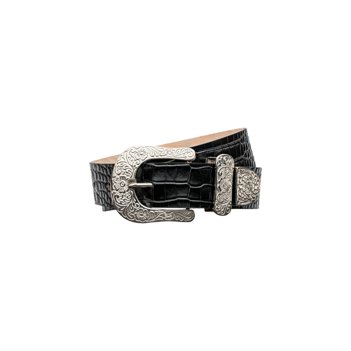 The Otera Leather Belt, featuring black croc-embossed leather and a floral-engraved silver buckle with a matching belt tip, is displayed against a plain white background.