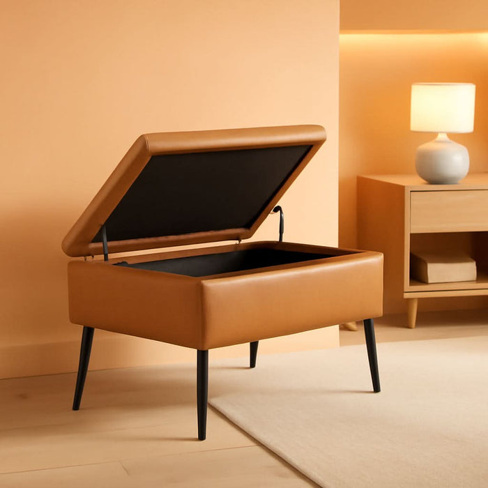 Oversized Square Storage Ottoman Double Lid Cognac