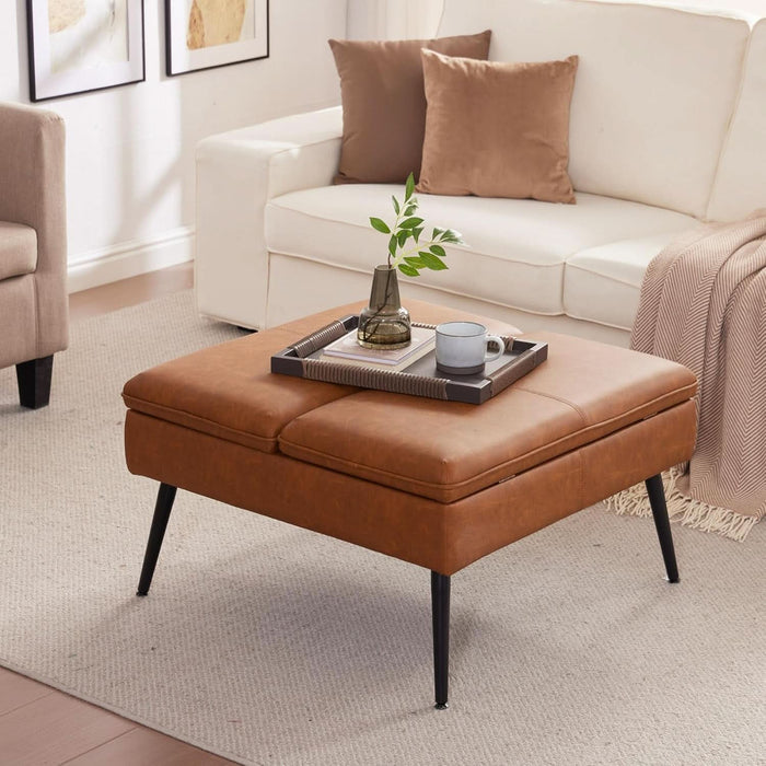 Oversized Square Storage Ottoman Double Lid Cognac