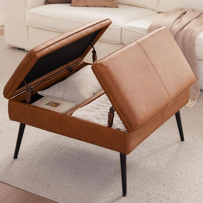 Oversized Square Storage Ottoman Double Lid Cognac