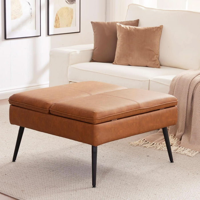 Oversized Square Storage Ottoman Double Lid Cognac