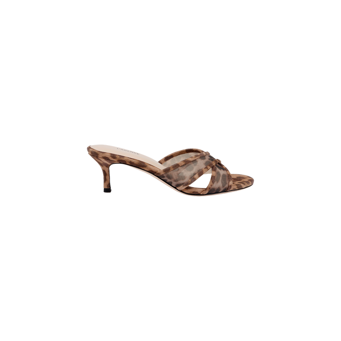 The Padua Mesh Sandal features a brown and beige leopard print design, open toe, crisscross straps, a slim mid-height heel, and a comfortable memory foam insole, shown on a white background.