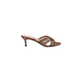 The Padua Mesh Sandal features a brown and beige leopard print design, open toe, crisscross straps, a slim mid-height heel, and a comfortable memory foam insole, shown on a white background.