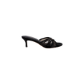 The Padua Mesh Sandal is a black suede heeled sandal featuring an open toe, slim heel, crisscross straps over the front, and a comfortable memory foam insole, displayed on a plain white background.