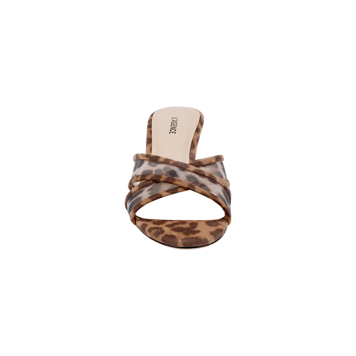 A front view of the Padua Mesh Sandal, a women’s leopard print mule with crisscross straps and a flat sole, featuring a memory foam insole, displayed on a white background.