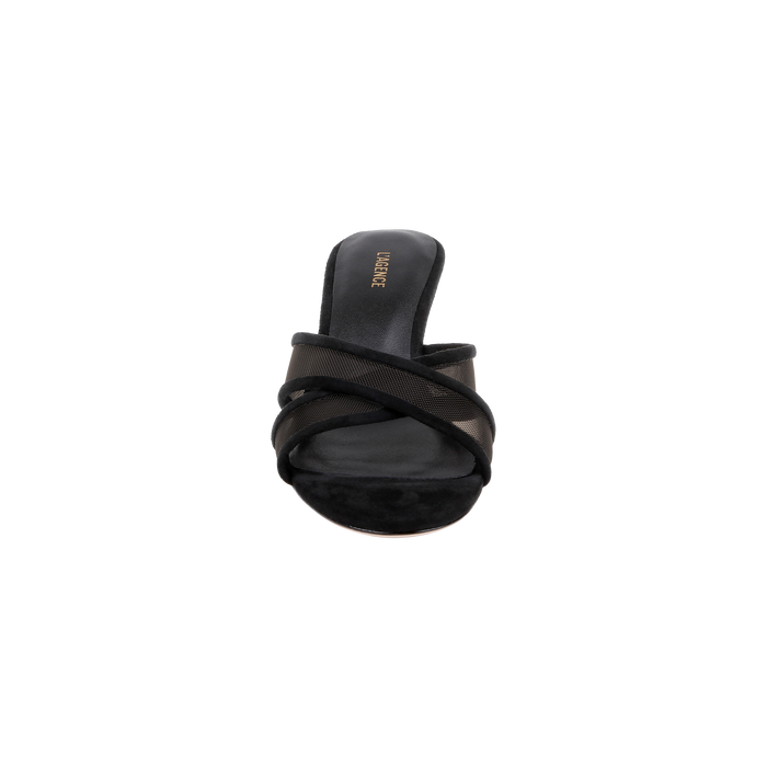 The Padua Mesh Sandal is a black open-toe high heel sandal with crisscross straps, shown from the front against a white background. The insole displays gold text branding and features comfortable memory foam cushioning.
