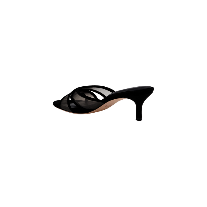 The Padua Mesh Sandal is a black open-toe heeled sandal with a thin heel and crisscross straps, featuring a memory foam insole for added comfort, shown in profile view on a plain white background.