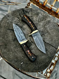 Pair of custom handmade damascus steel feather pattern hunting knives With leather sheath cskforged