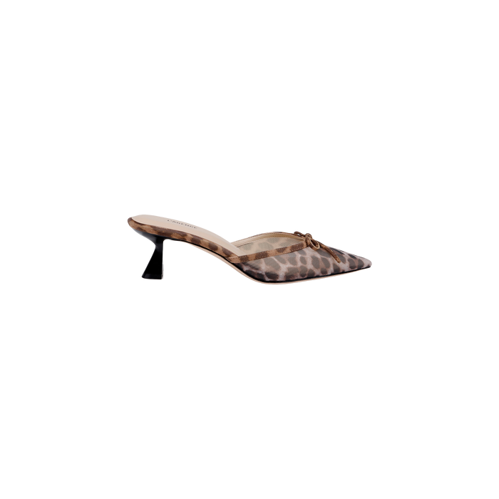 Introducing the Palermo Mesh Mule: a leopard-print mule shoe featuring a pointed toe, low open back, and a mid-height sculpted heel, displayed in side profile against a plain white background.