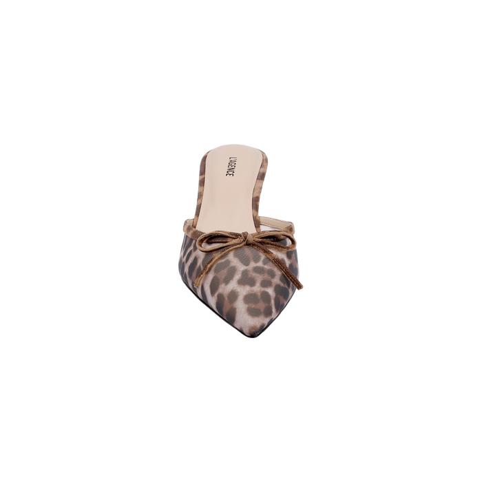 The Palermo Mesh Mule features a pointed toe and leopard print mesh upper, complemented by a tan insole and a small brown bow on the front, shown from above on a white background.