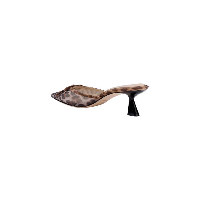 The Palermo Mesh Mule features a brown and beige leopard print with a pointed toe, open back, mesh upper, and a high sculpted heel, shown against a plain white background.