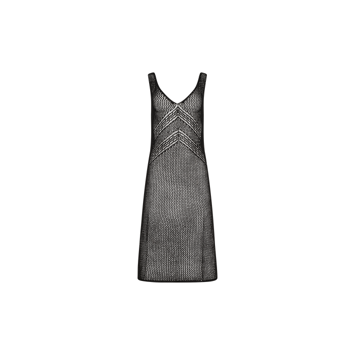 Sleeveless black Pallas Crochet Cover-Up Dress with a V-neckline, featuring chevron mesh patterns on the bodice, displayed on a plain white background.