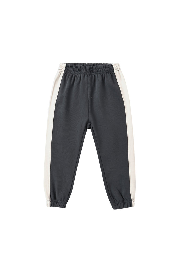 Dark gray jogger pants with off-white side stripes, featuring an elastic waistband and elastic cuffs, shown flat on a white background.