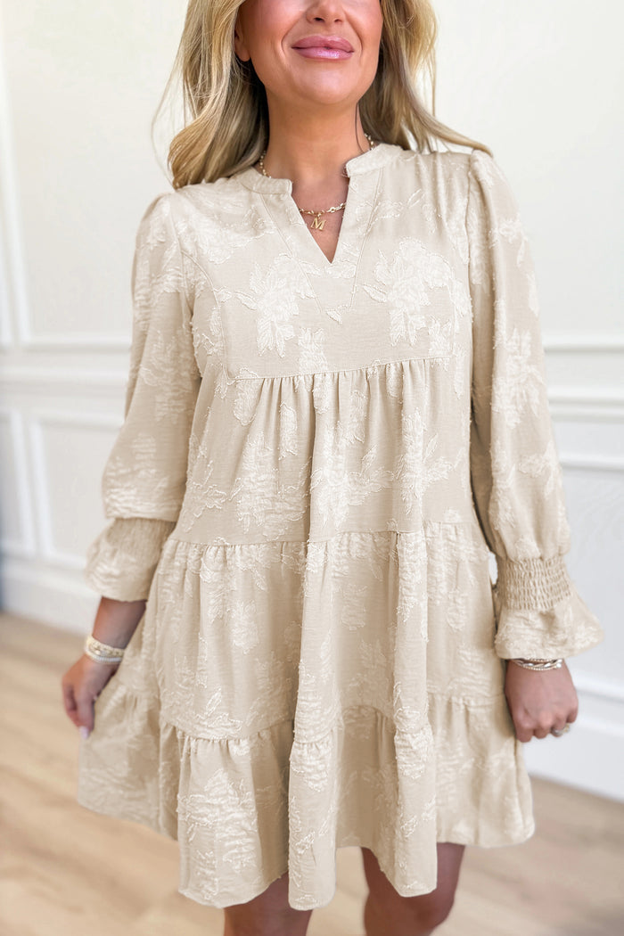 Parchment Long Sleeve Notched Neck Jacquard Tiered Mini Dress Shewin
