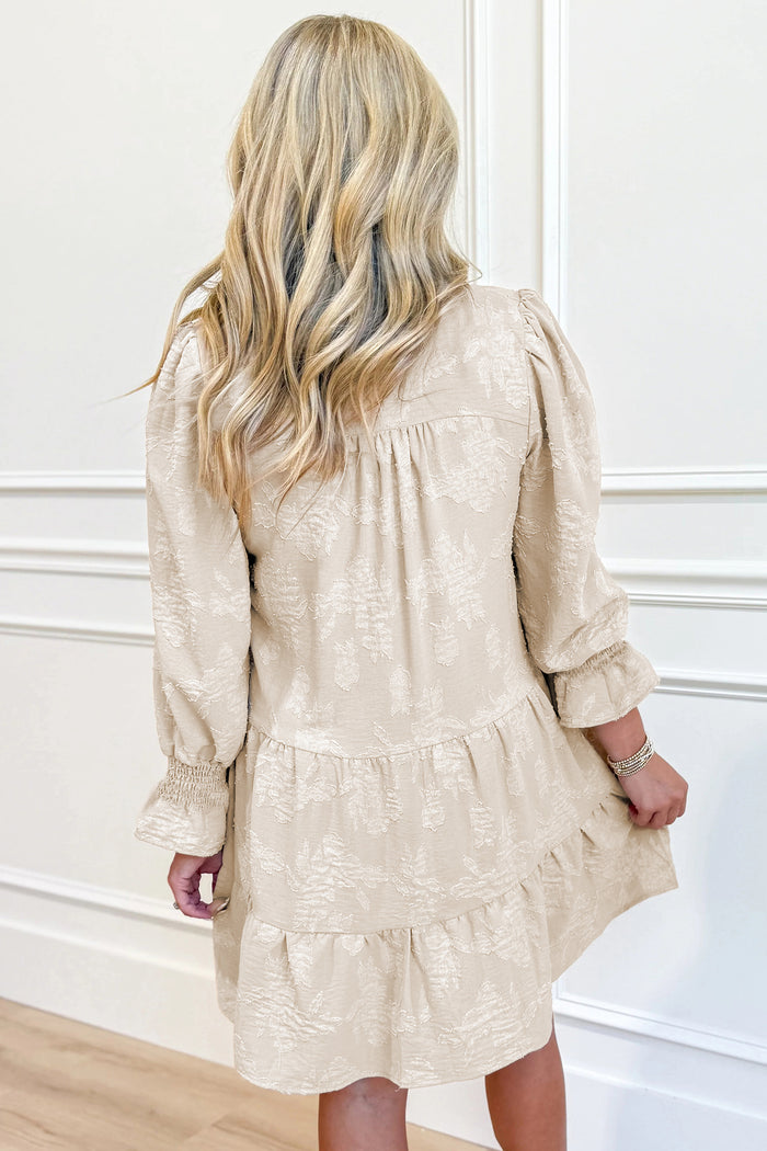 Parchment Long Sleeve Notched Neck Jacquard Tiered Mini Dress Shewin