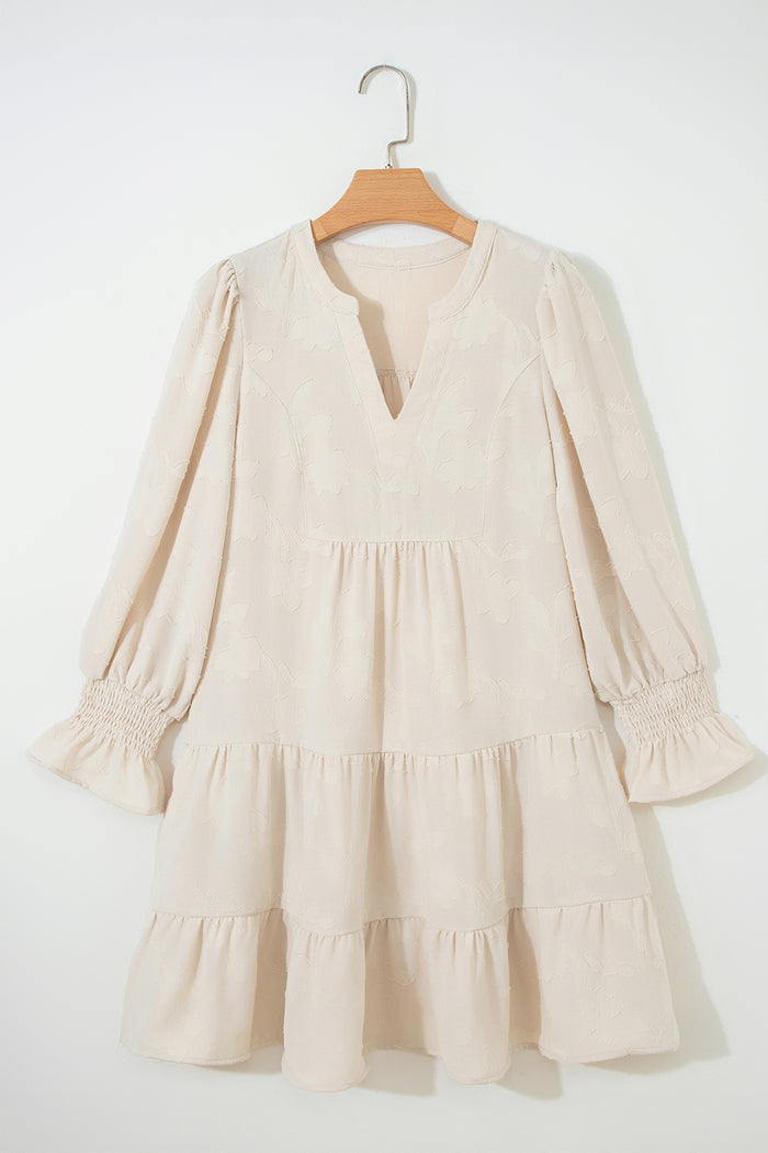 Parchment Long Sleeve Notched Neck Jacquard Tiered Mini Dress Shewin