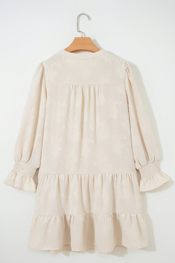 Parchment Long Sleeve Notched Neck Jacquard Tiered Mini Dress Shewin