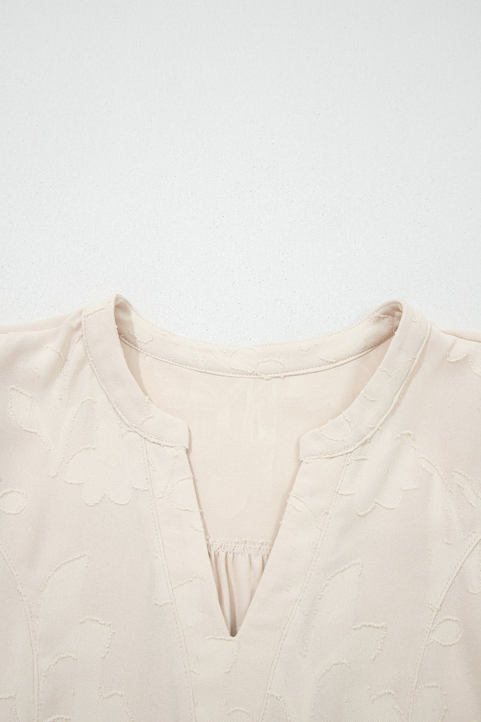 Parchment Long Sleeve Notched Neck Jacquard Tiered Mini Dress Shewin