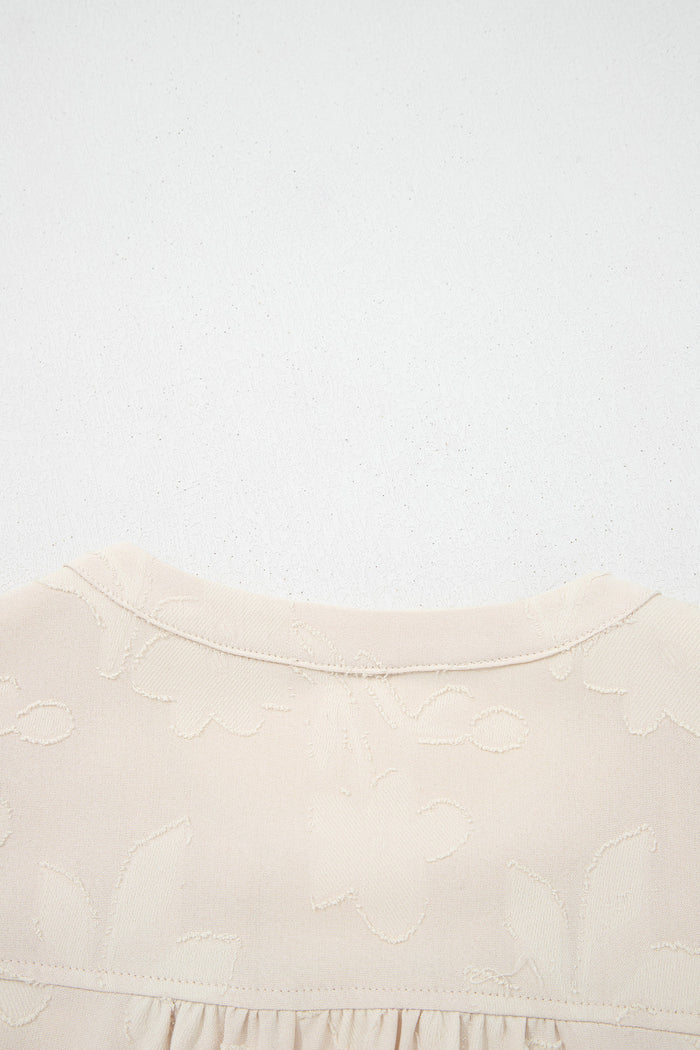 Parchment Long Sleeve Notched Neck Jacquard Tiered Mini Dress Shewin