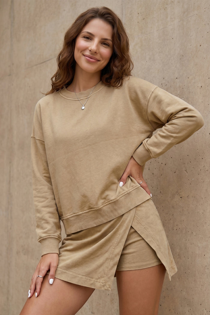Parchment Solid Color Long Sleeve Top Split Skort 2pcs Outfit Shewin