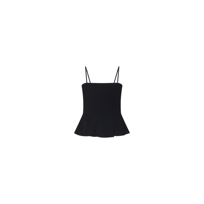 The Parisa Peplum Top is a black tank with a fitted bodice and thin adjustable straps, shown against a plain white background.