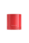 Red glass candle with 'Passion Pit' text on a white background